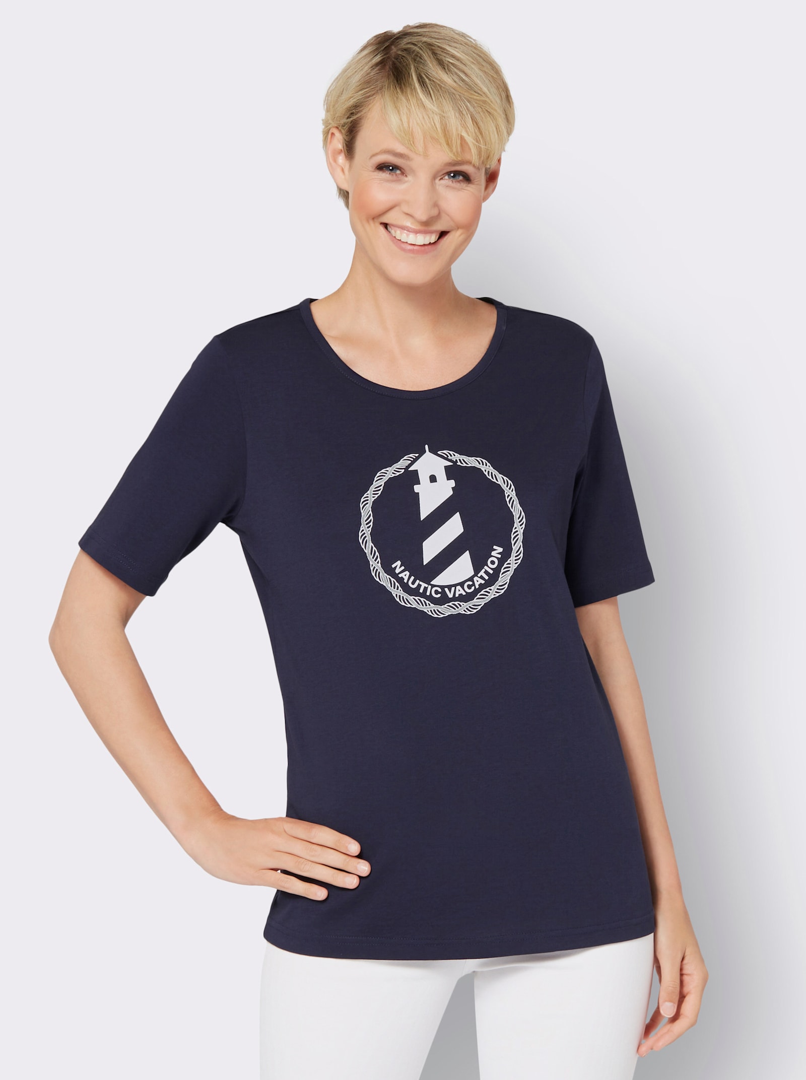 Shirt met korte mouwen en vuurtorenmotief - marine/wit