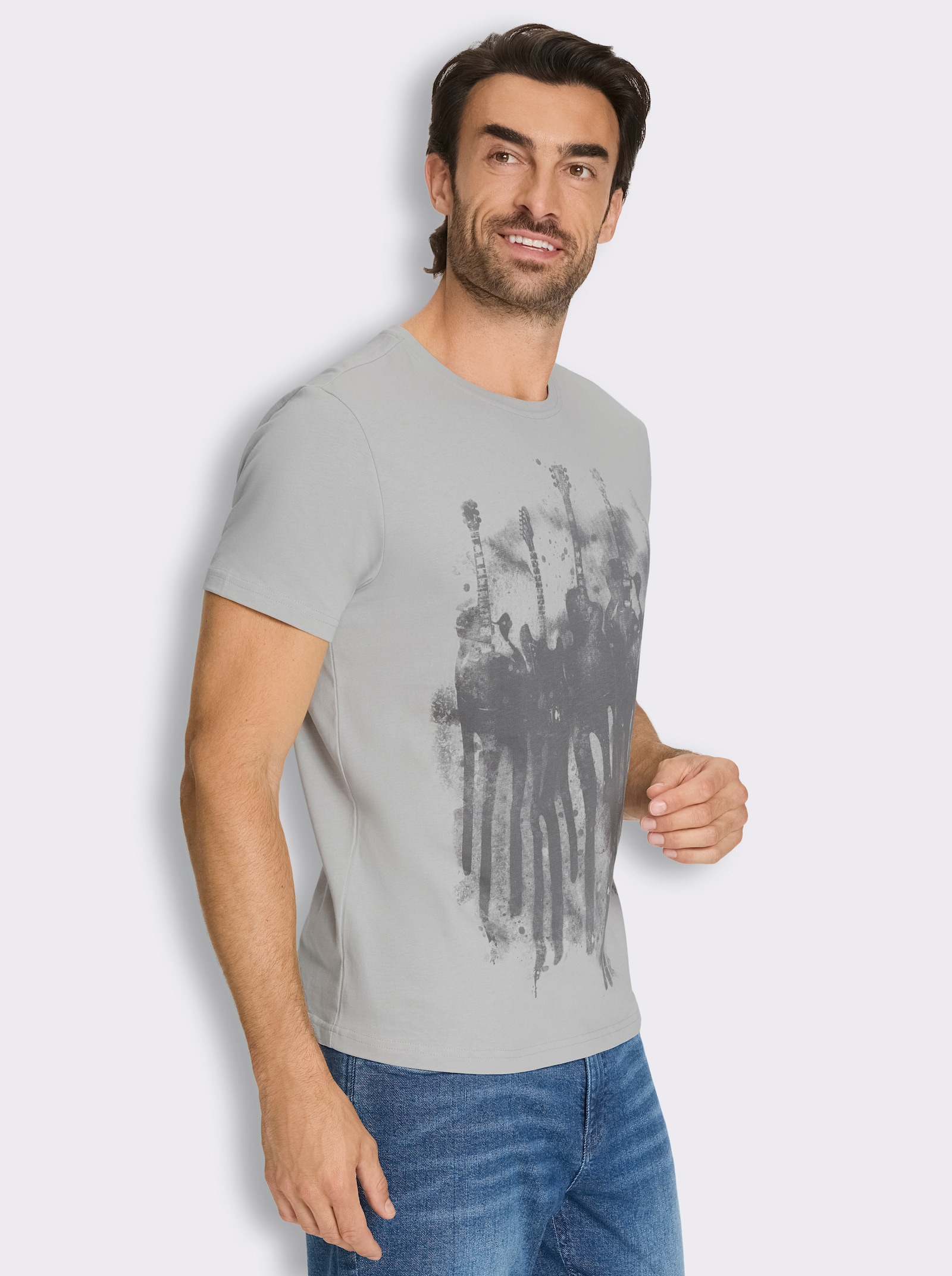 Marco Donati Kurzarmshirt mit Gitarren-Print vorne - hellgrau-bedruckt