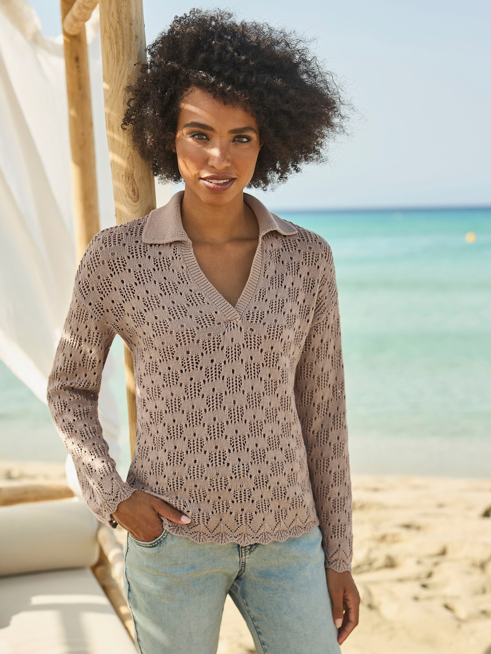 heine Ajourpullover met polokraag - sesam