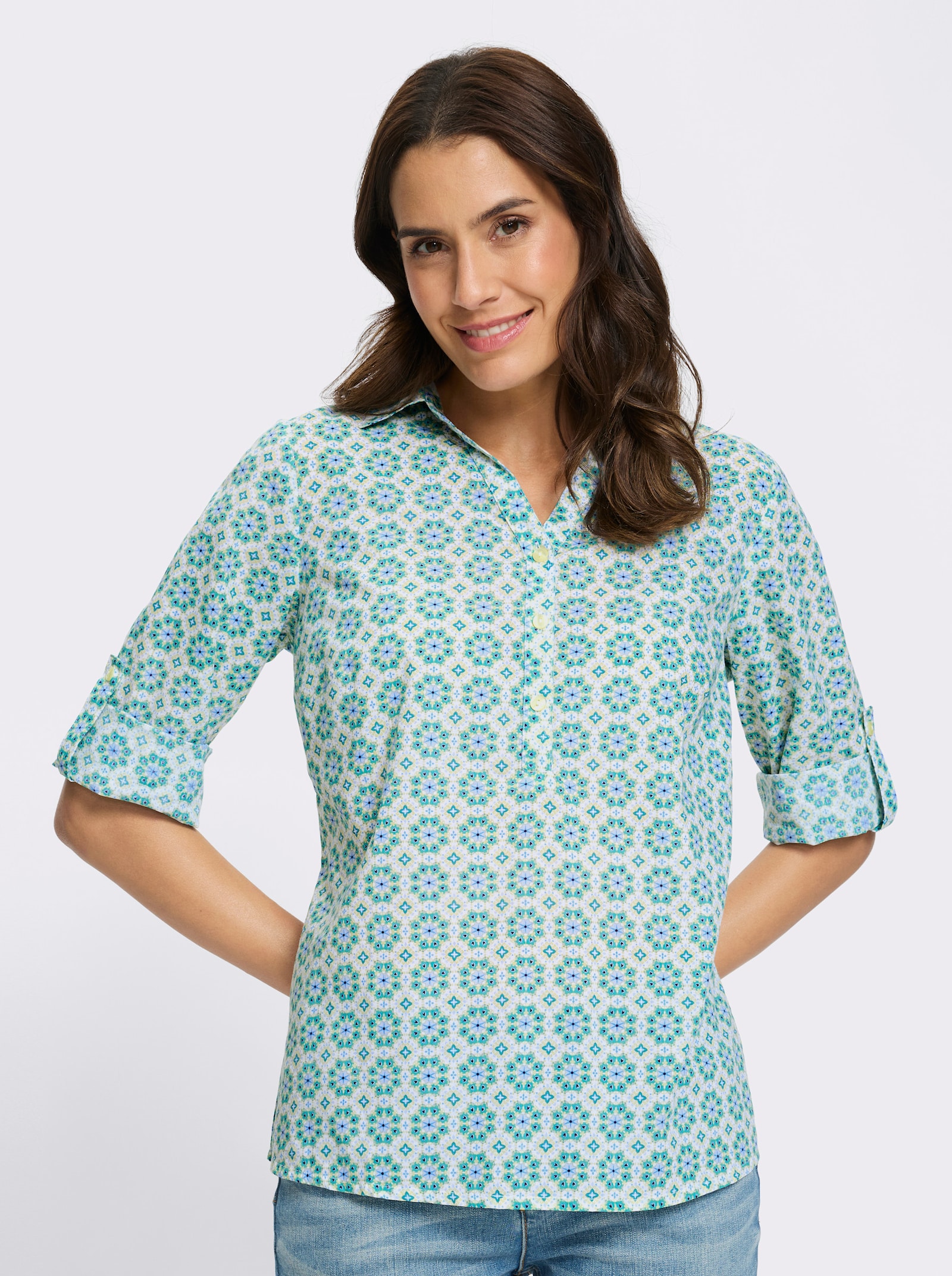 Druckbluse Falte hinten - weiss-pistazie-bedruckt