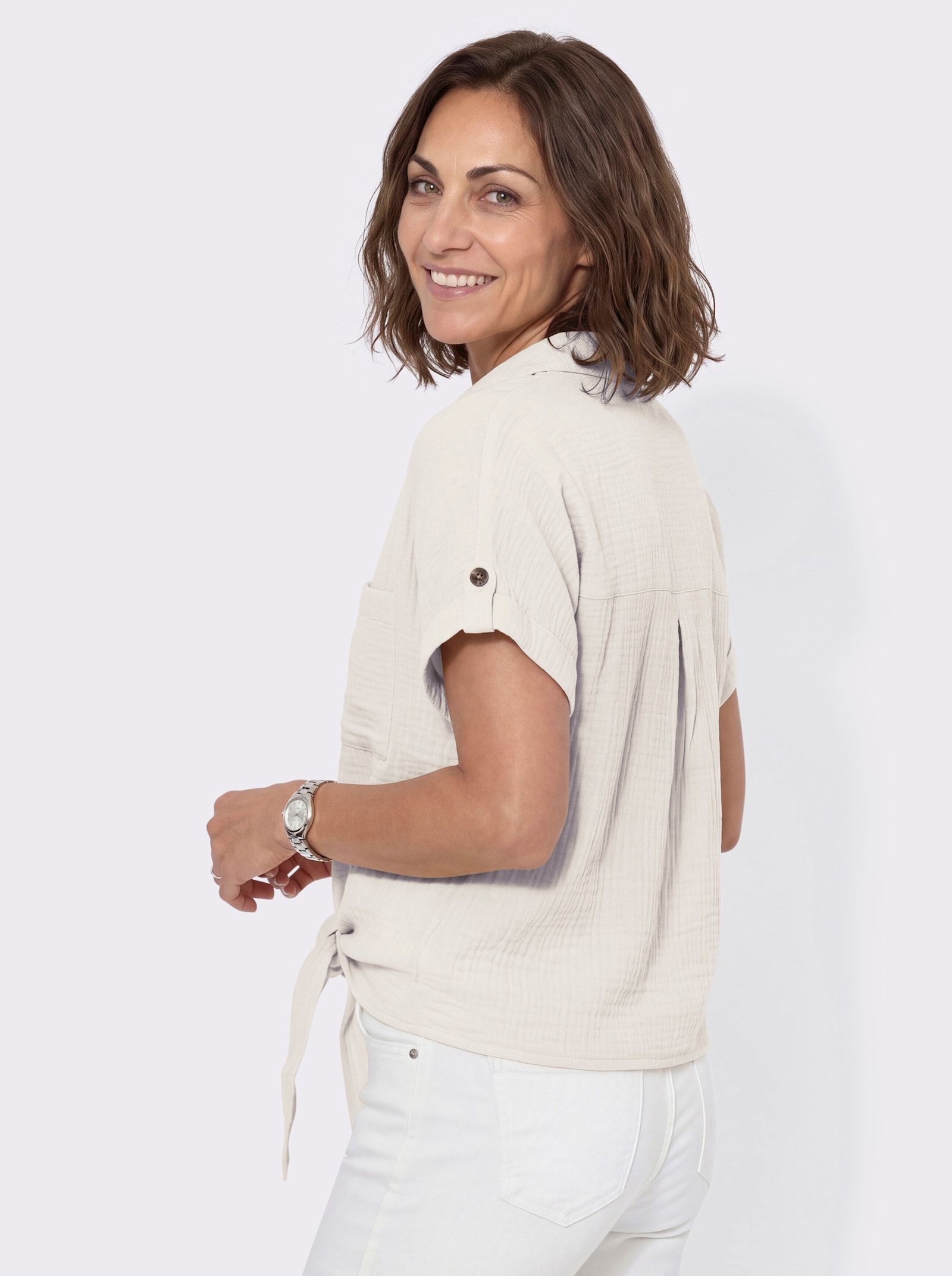 Baumwollbluse mit zipfligem Saum zum Knoten - ecru
