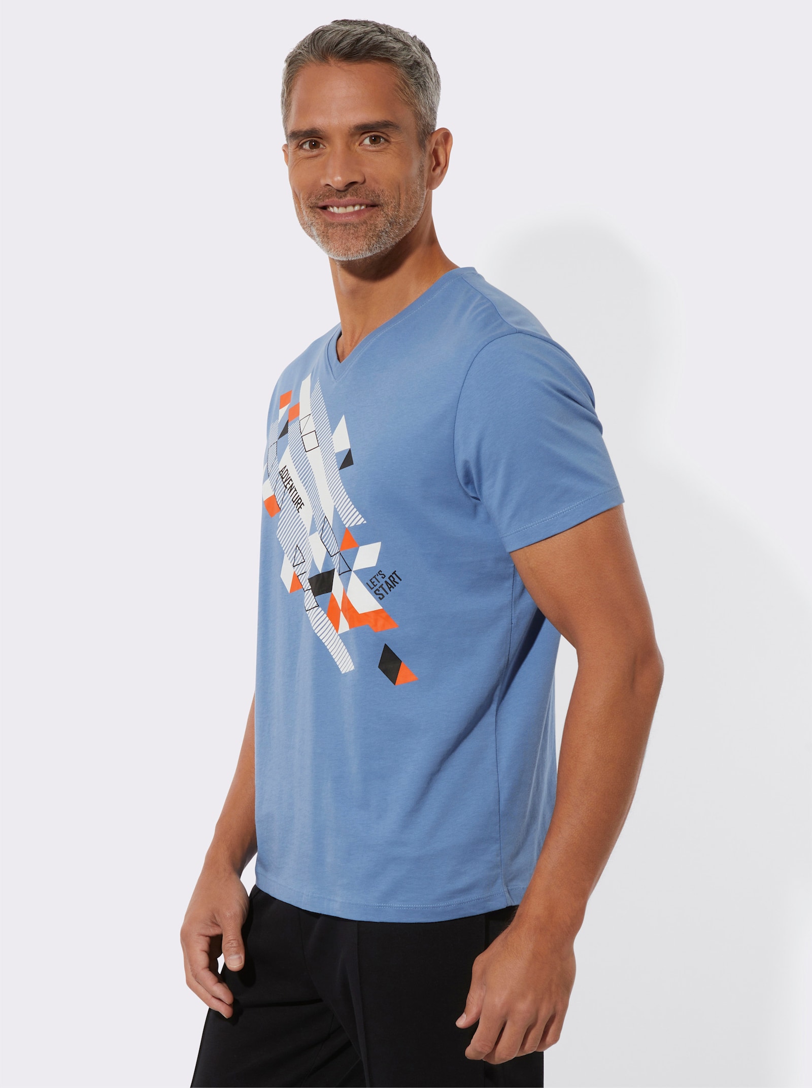 Tričko s krátkymi rukávmi a umiestnenou potlačou - jemná modrá