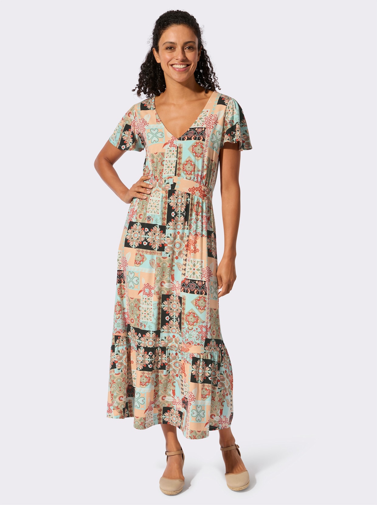 Jerseykleid - mint-apricot-bedruckt