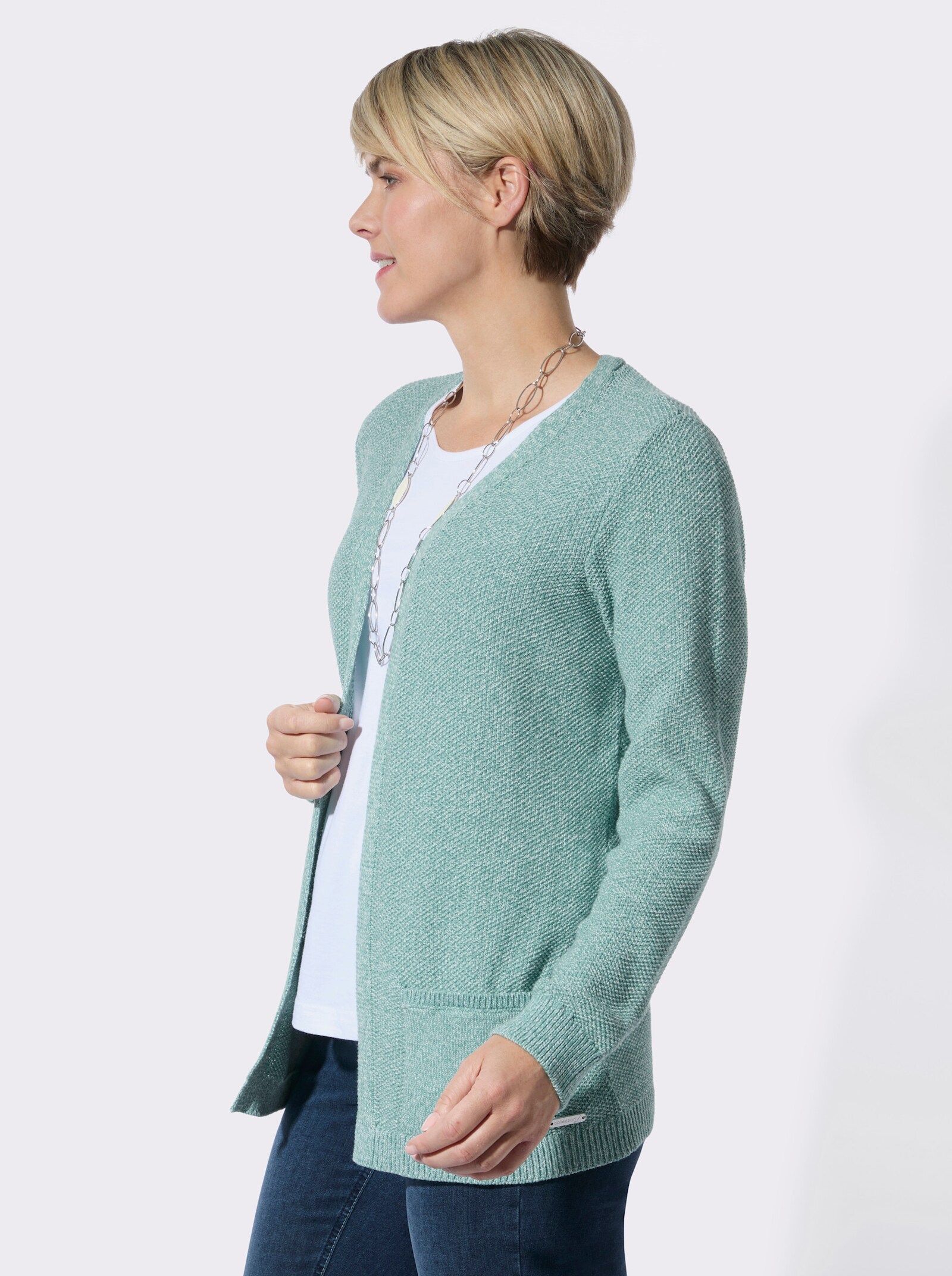 Strickjacke in verschlussloser Form - salbei-ecru-meliert