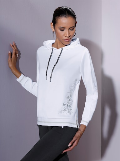 Kapuzensweatshirt mit Netz-Akzenten - weiß-silberfarben-bedruckt