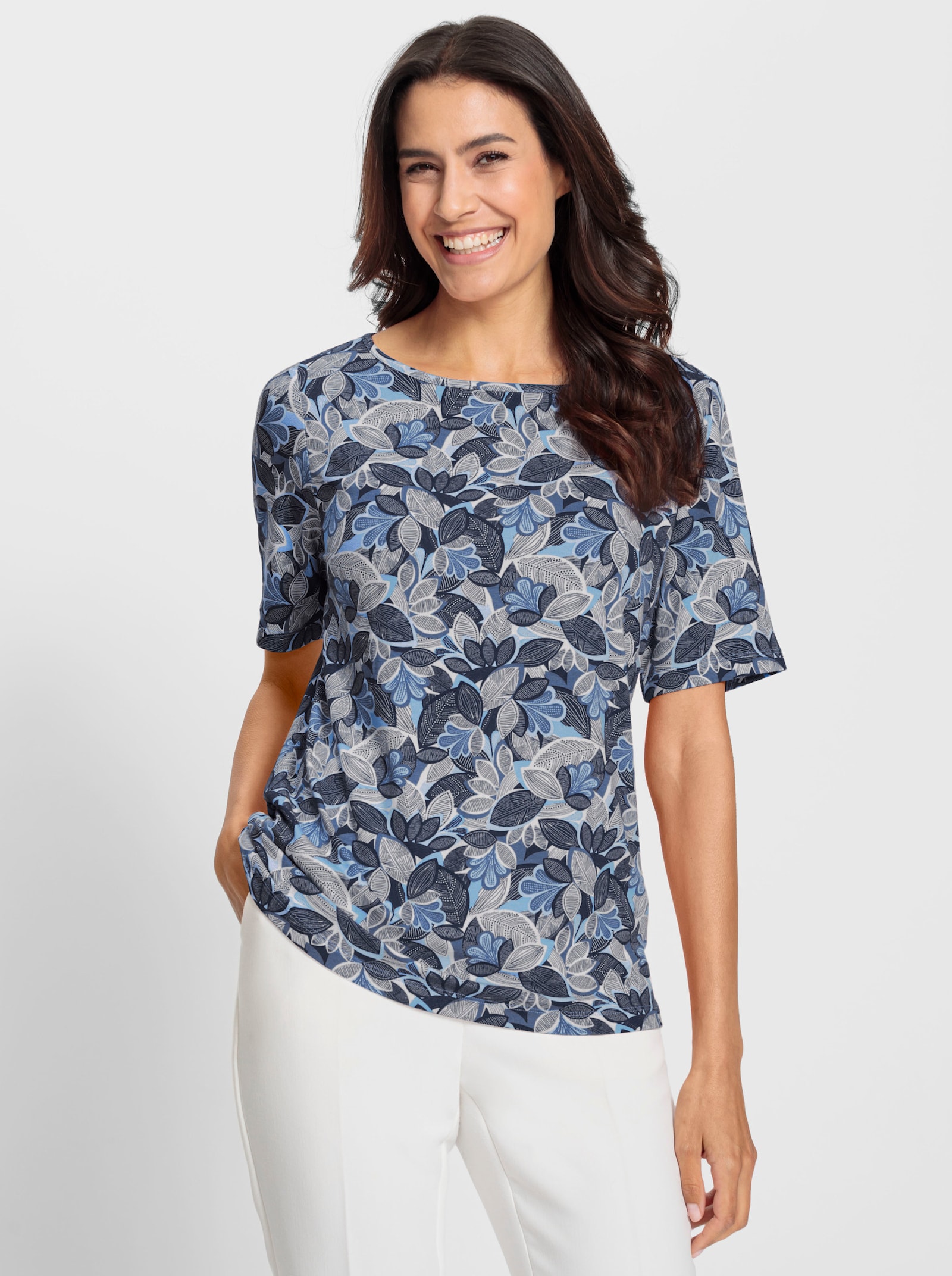 Print-Shirt mit paspeliertem U-Boot-Ausschnitt - hellblau-marine-bedruckt