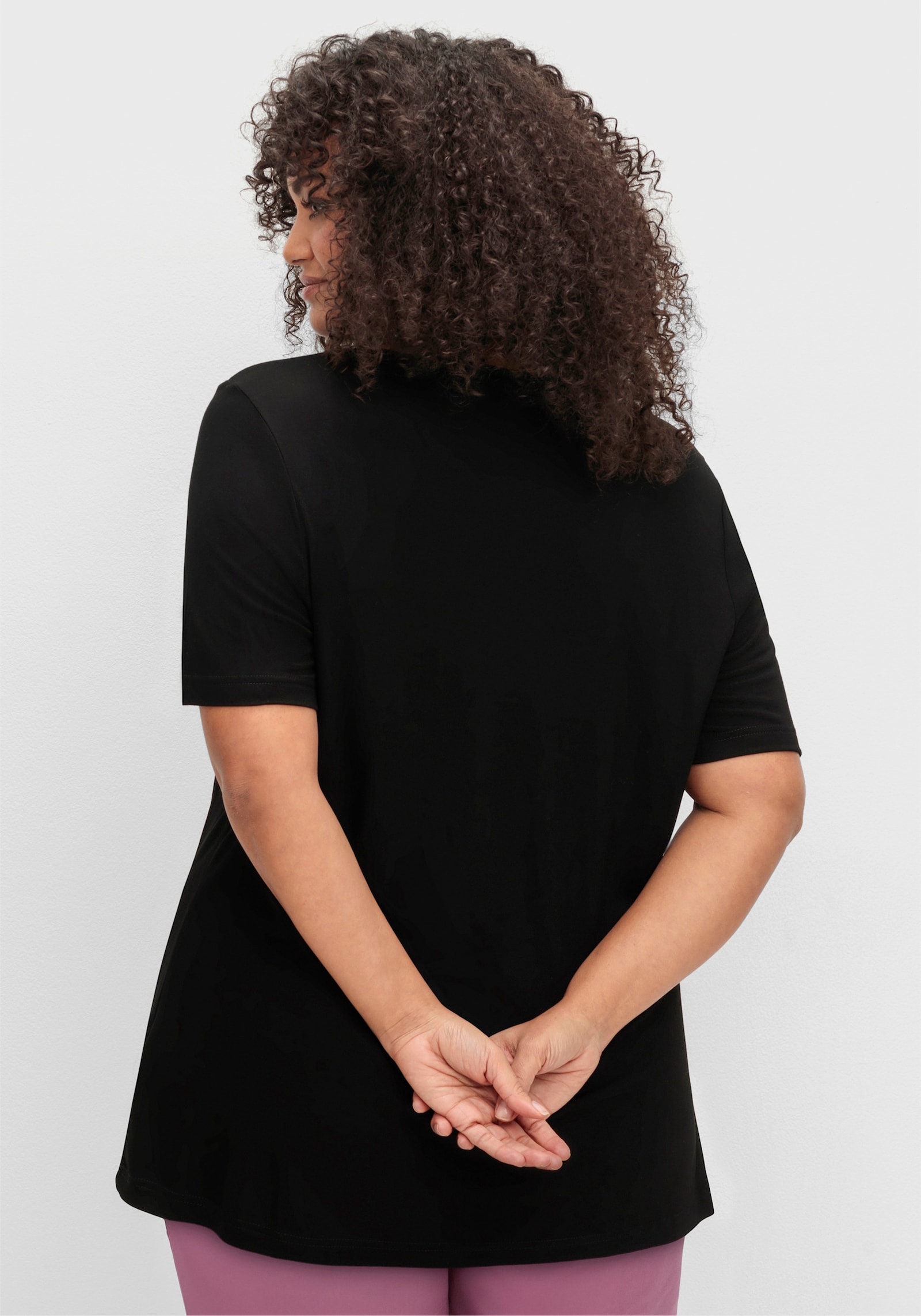 Kurzarmshirt mit Ziersteinchen, reine Viskose - schwarz