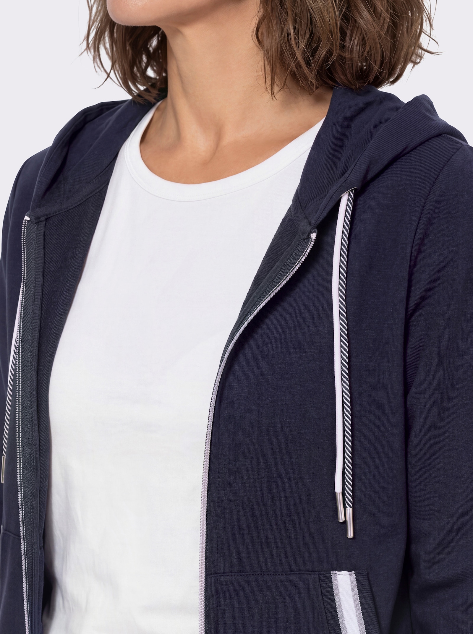 Sweatjacke mit Känguru-Tasche - marine-ecru