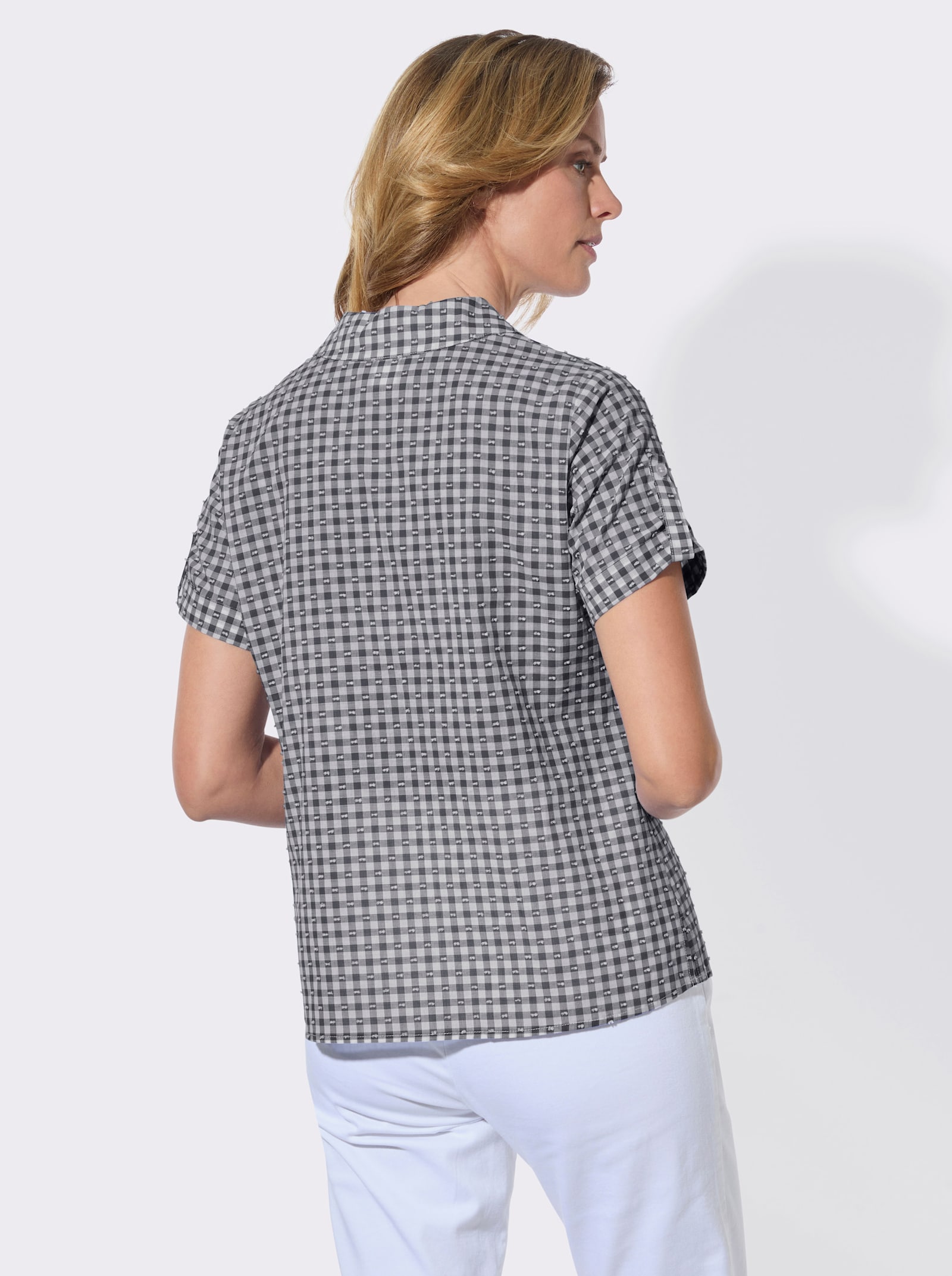 Karobluse mit fixierten Ärmelaufschlägen - schwarz-ecru-kariert