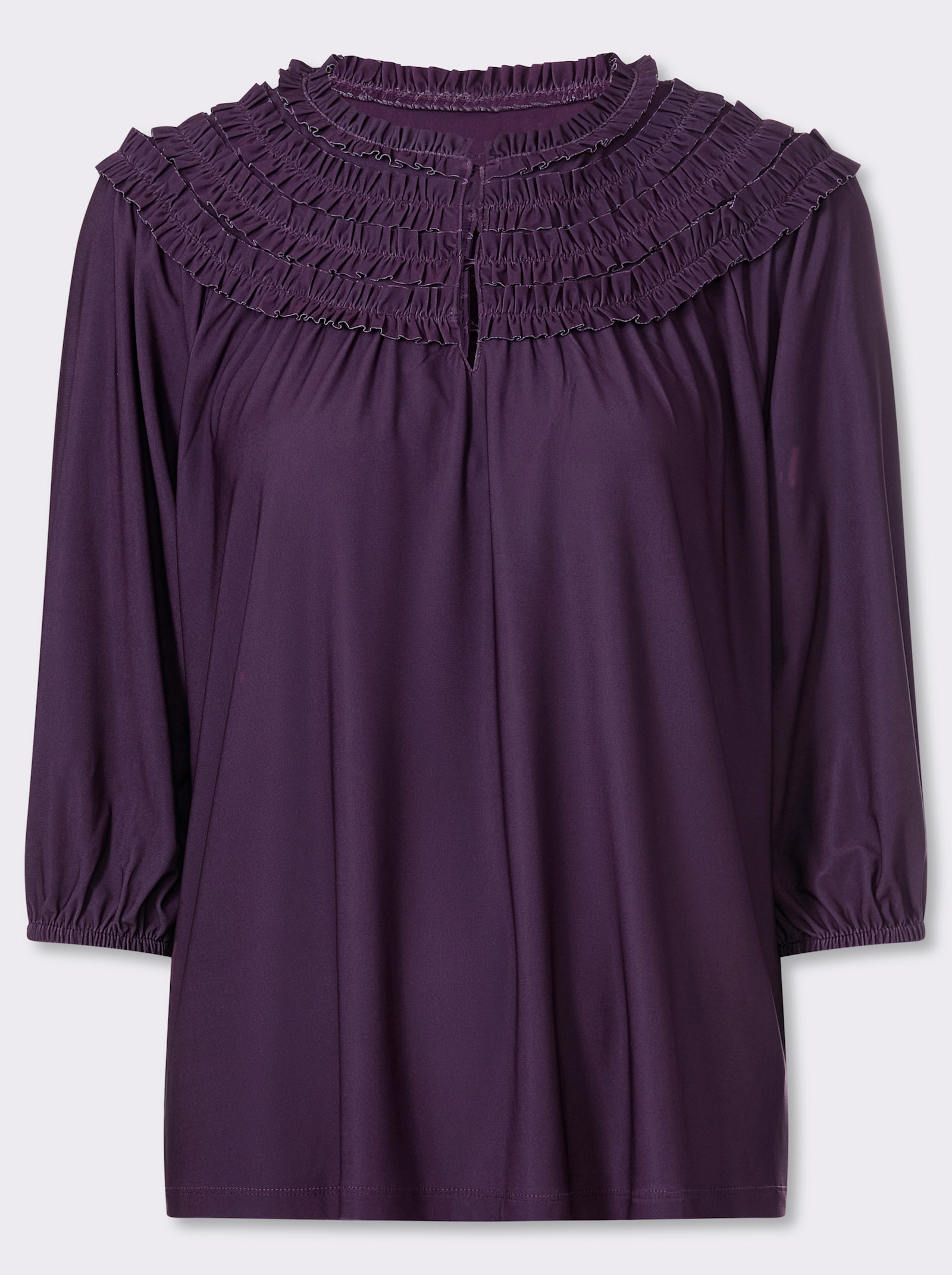 Rundhalsshirt mit Rüschen am Ausschnitt - traube