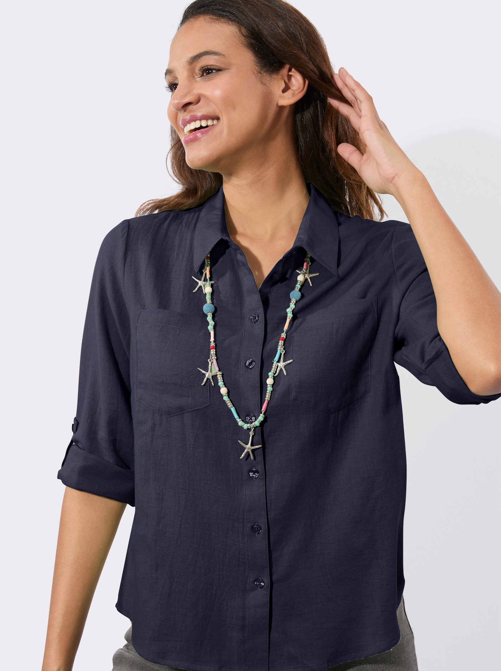 Flanellbluse mit Karomuster-Details - marine