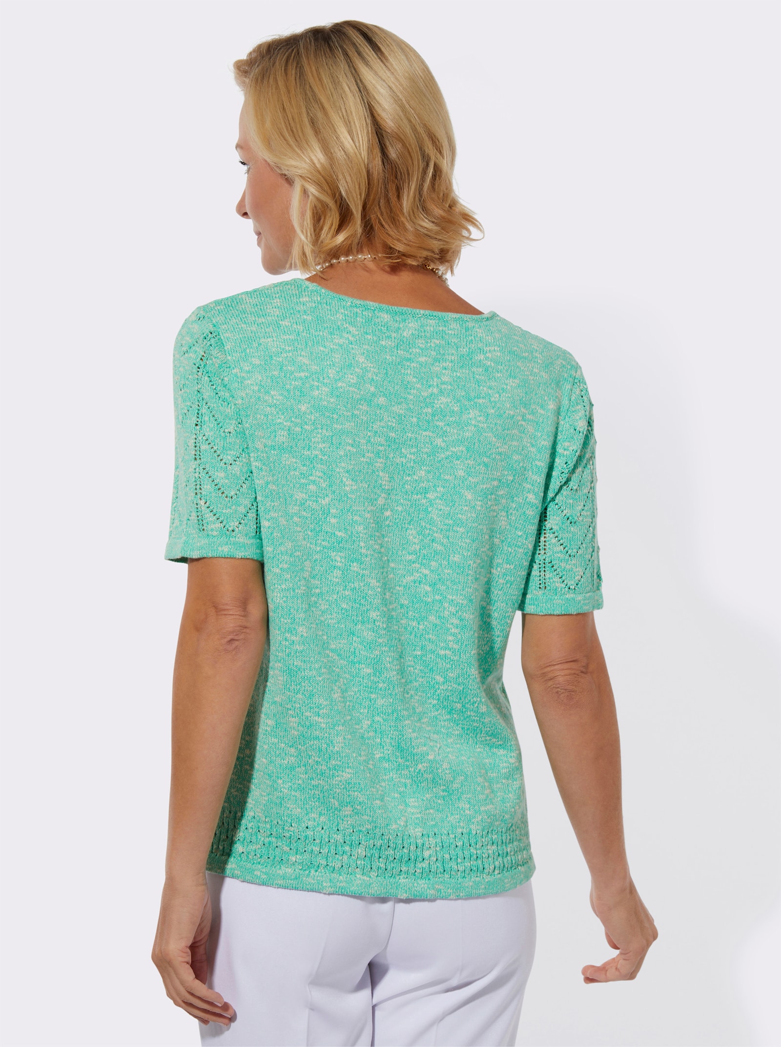 Ajourpullover in leichter Qualität - blaugrün-ecru-meliert