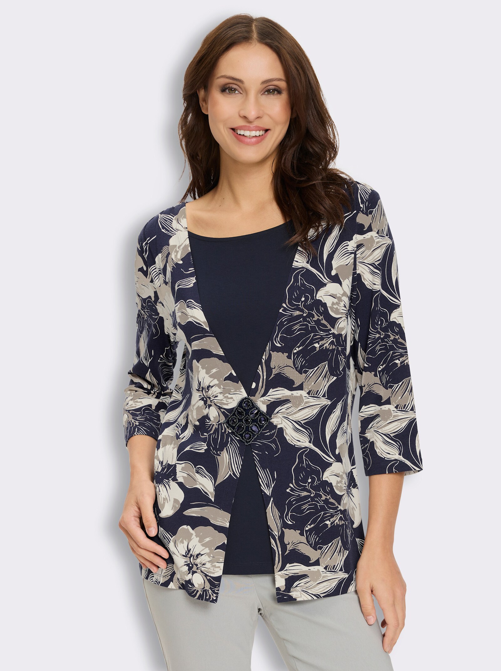 2-in-1-Shirt mit Ziersteinchen-Patch - marine-beige-bedruckt