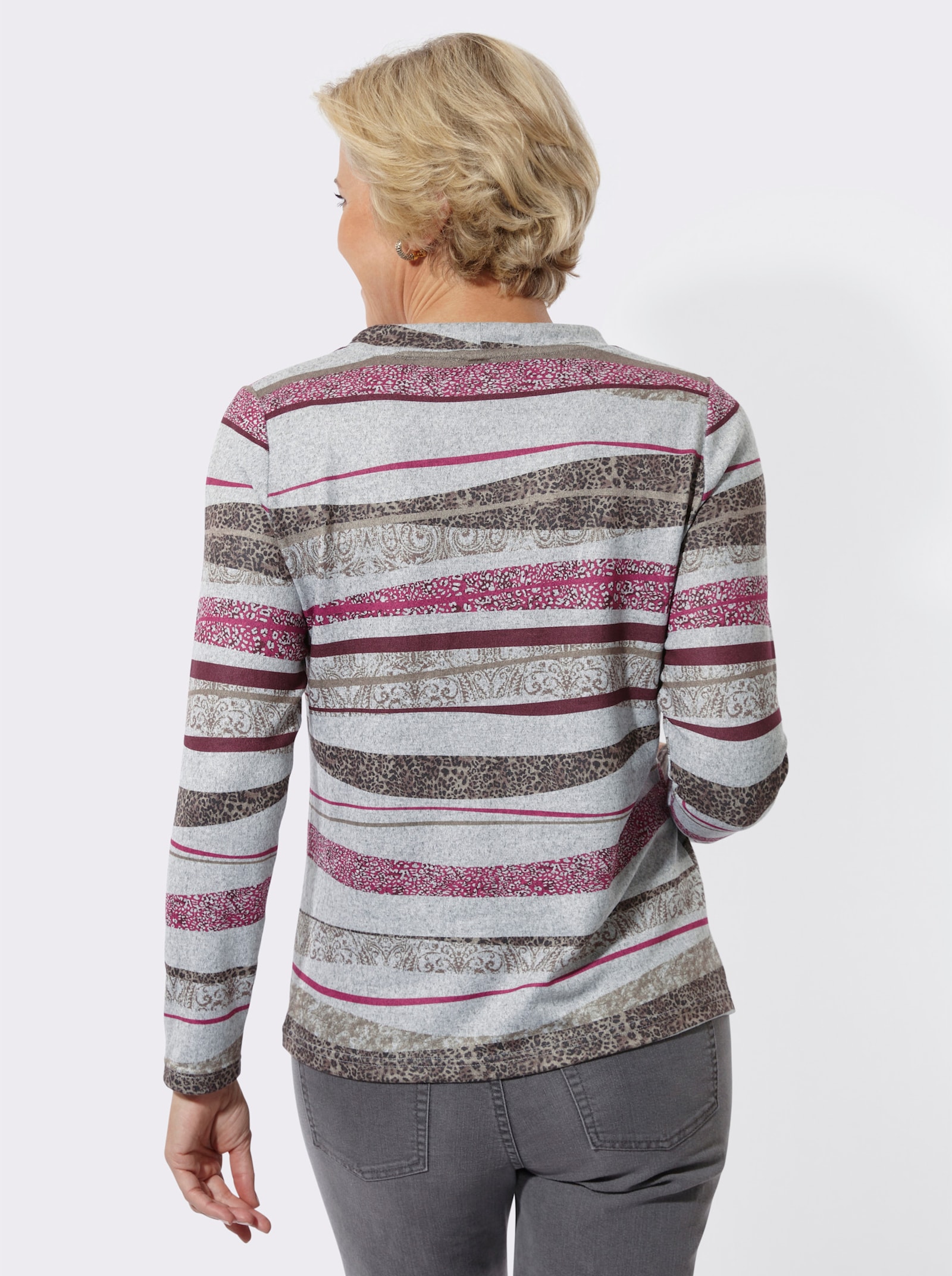 Stehkragenshirt in Melange-Optik - burgund-taupe-bedruckt