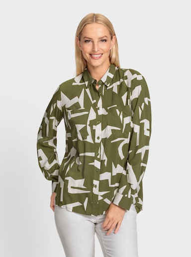 heine Langarm-Bluse mit grafischem Druck-Dessin - oliv-champagner-gemustert