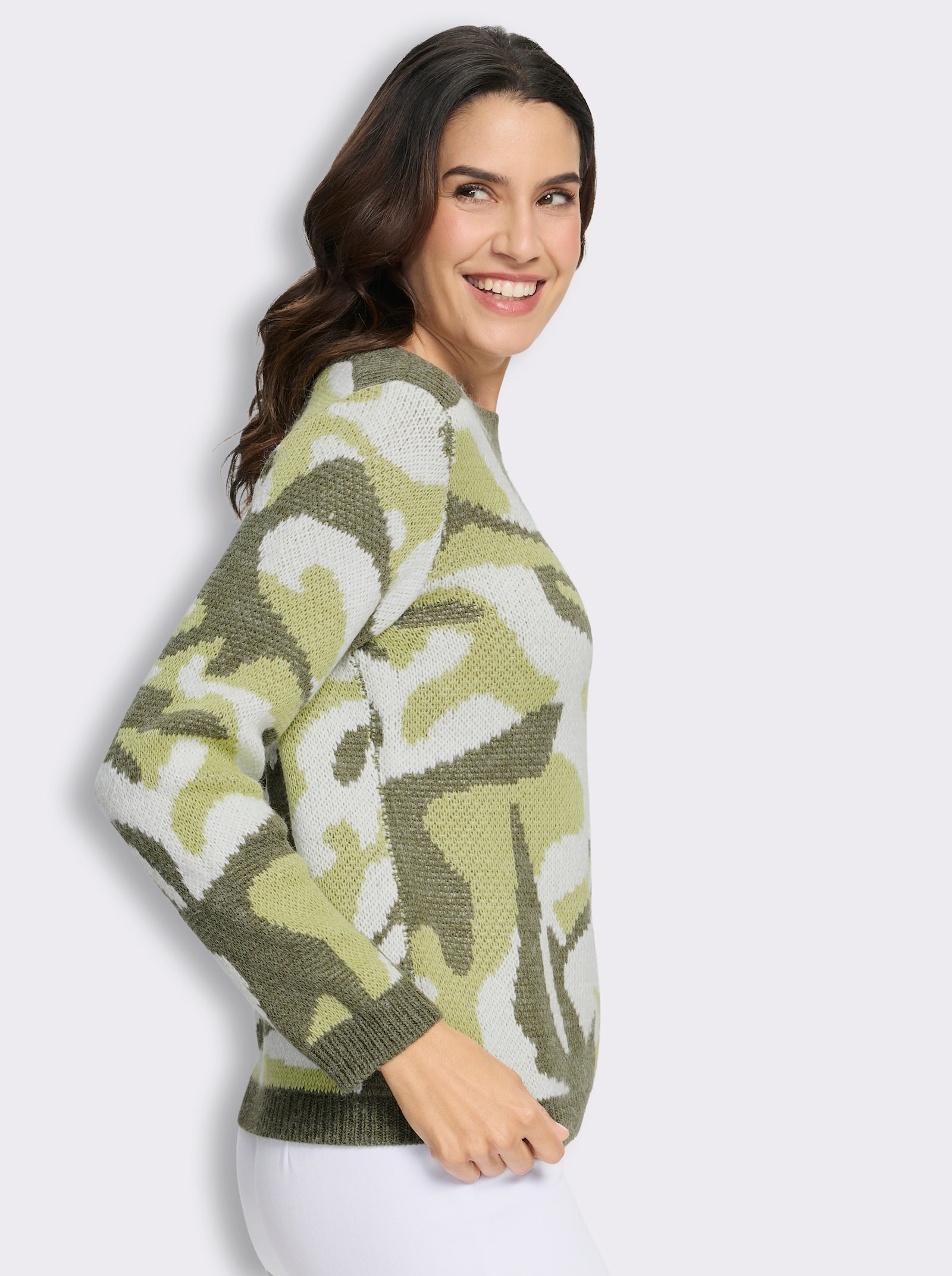 Jacquard-Pullover mit unifarbenen Abschlüssen - pistazie-khaki-gemustert