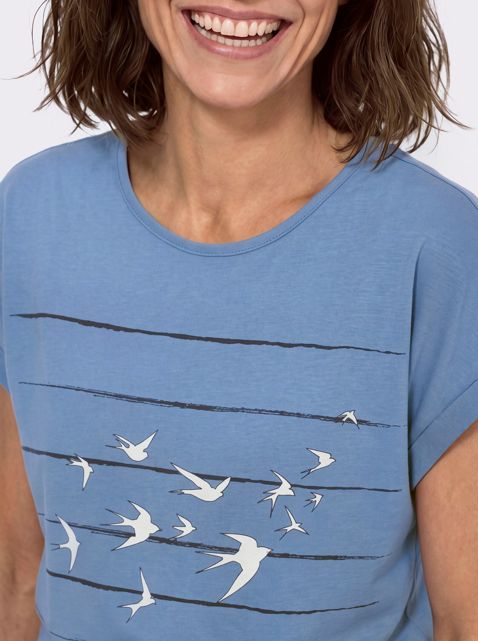 Print-Shirt mit überschnittenen Schultern - mittelblau-marine-bedruckt