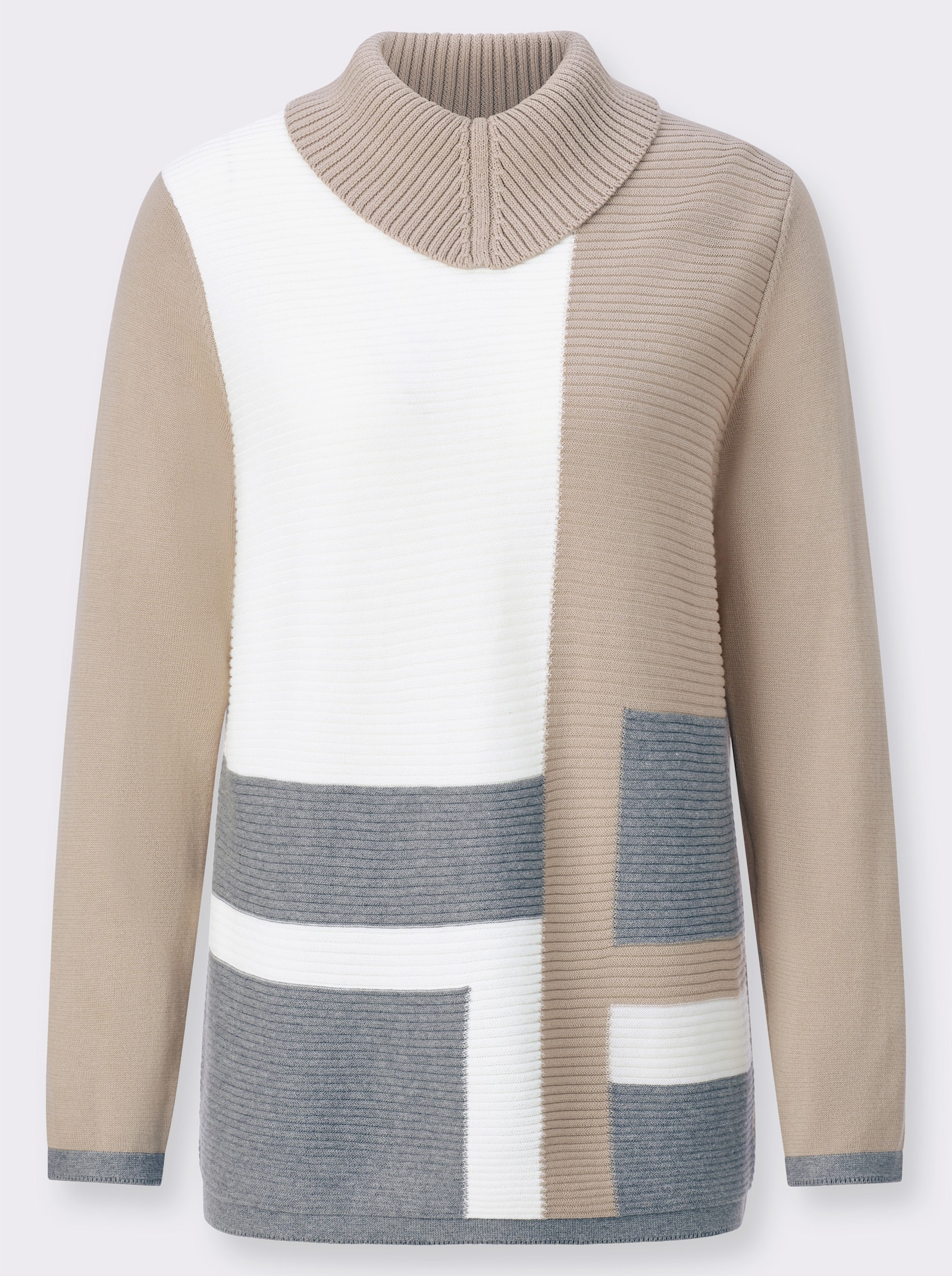 Rollkragenpullover mit halsfernem Rollkragen - sesam-grau-gemustert