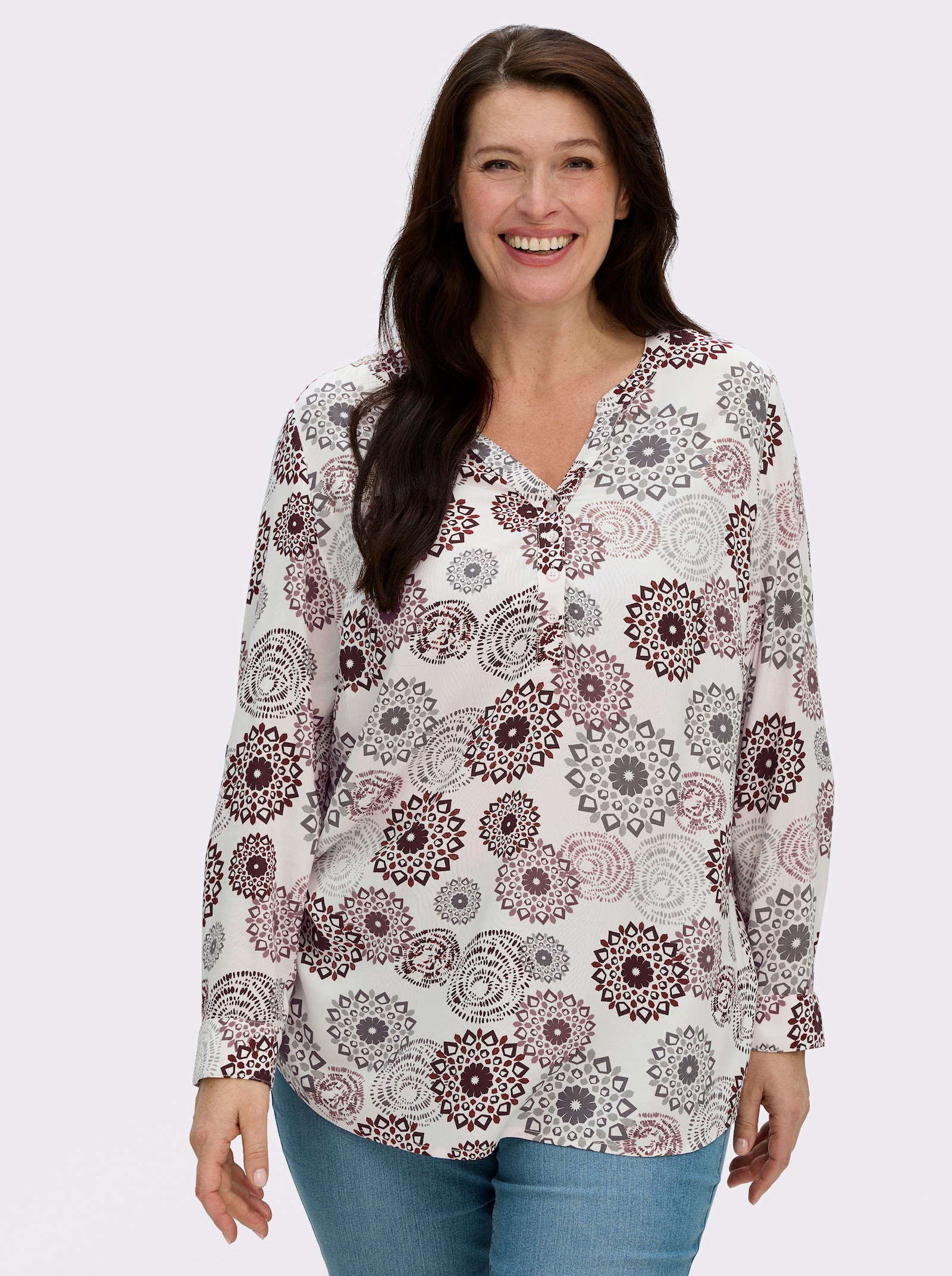 Langarmbluse mit Krempelfunktion - ecru-burgund-bedruckt
