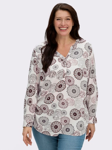 Langarmbluse mit Krempelfunktion - ecru-burgund-bedruckt