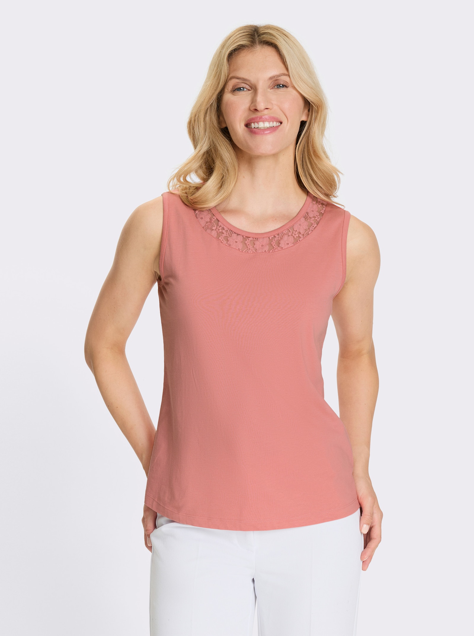 Shirttop mit Spitzeneinsatz - flamingo