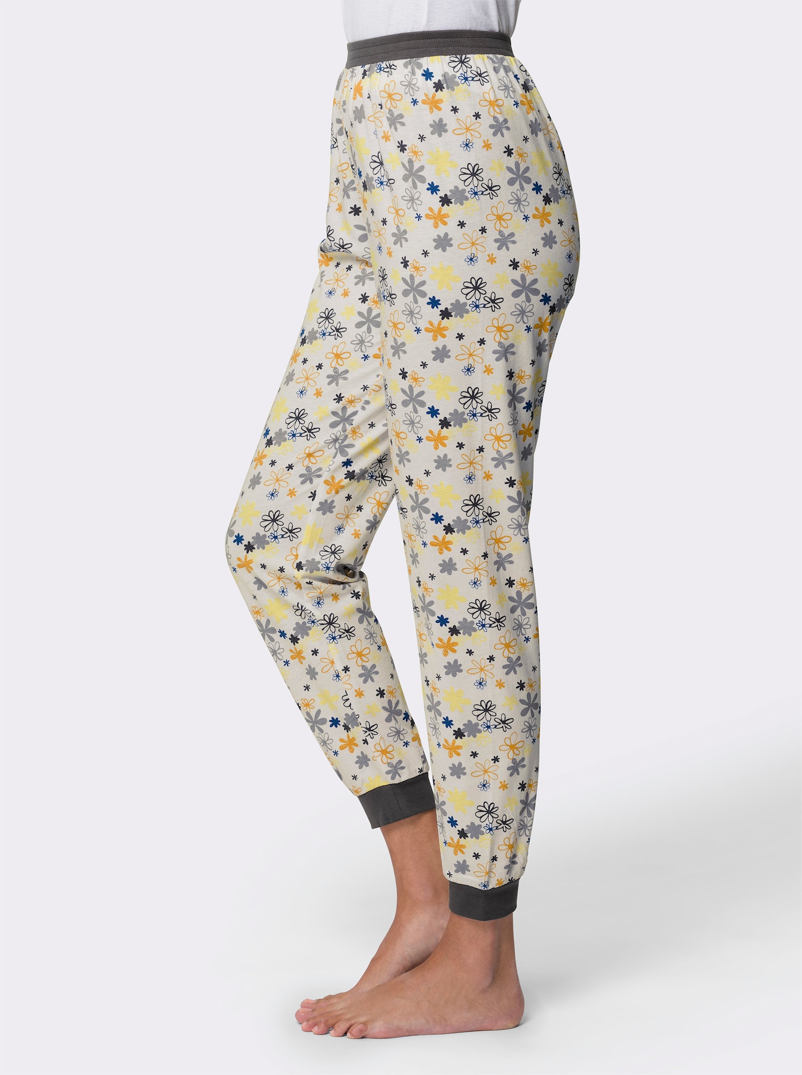 Pyjamabroek met elastische contrastboordjes - ecru/steengrijs gedessineerd