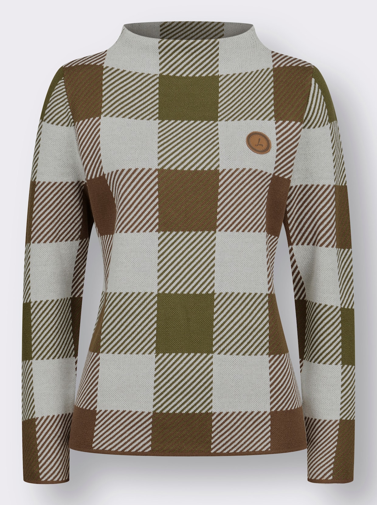 Langarm-Pullover - oliv-ecru-gemustert