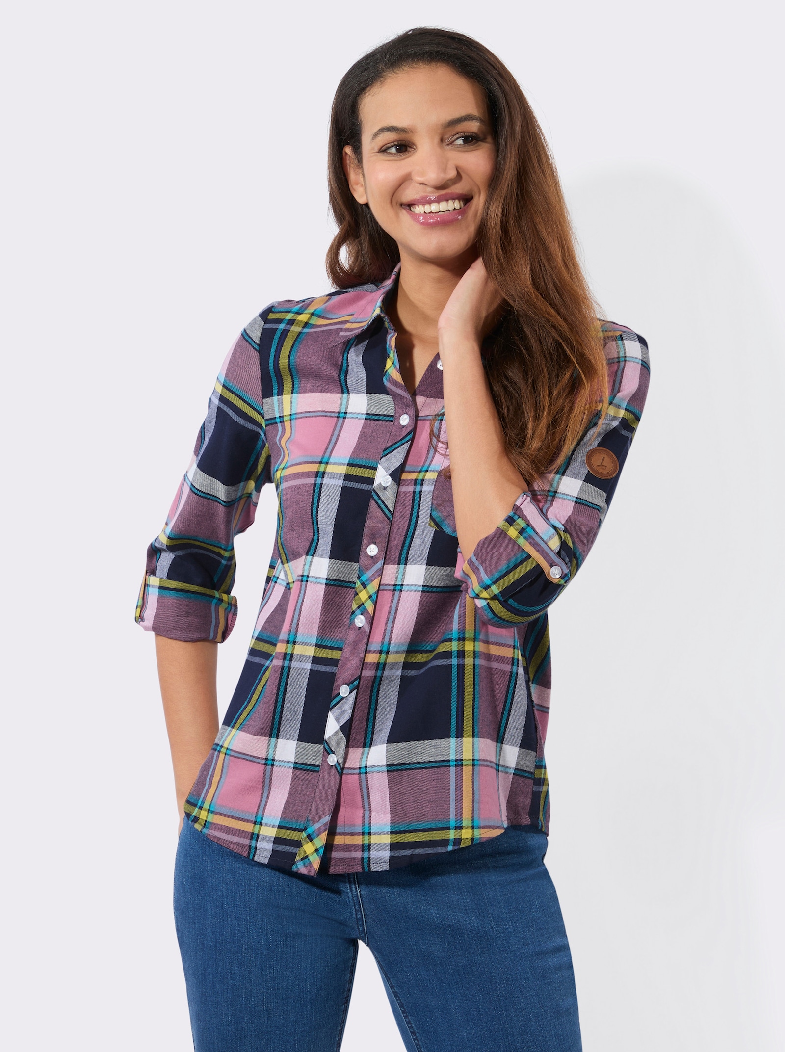 Flanellbluse mit Karomuster - marine-altrosa-kariert