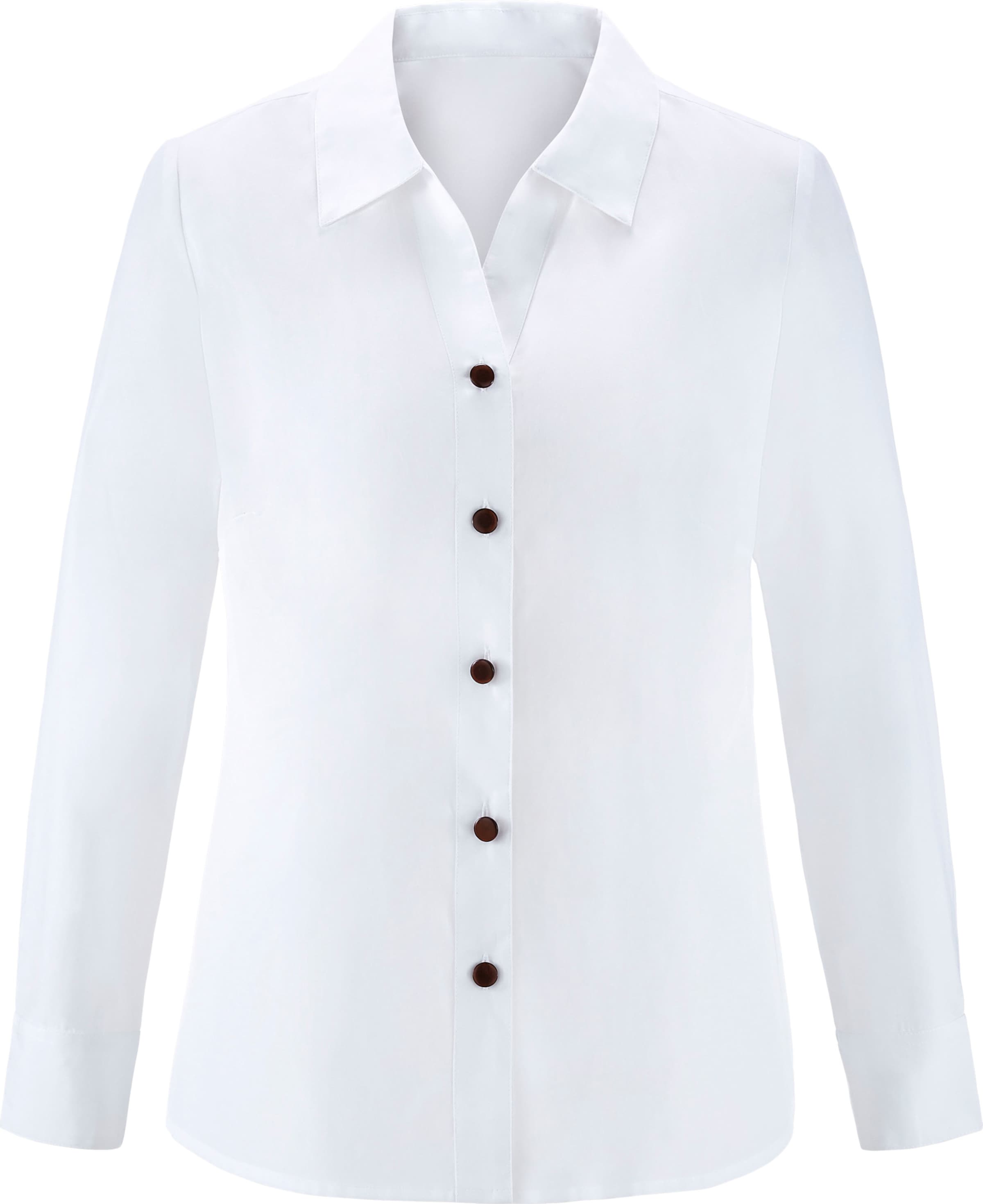 BLUSE  günstig Kaufen-Klassische Bluse in weiß von heine. Klassische Bluse in weiß von heine <![CDATA[Die gehört in jeden Kleiderschrank! Kombistarke Bluse mit Hemdkragen, kleinem V und langen Ärmeln mit Knopfmanschette. Die kontrastfarbenen Knöpfe setzen Akzente.