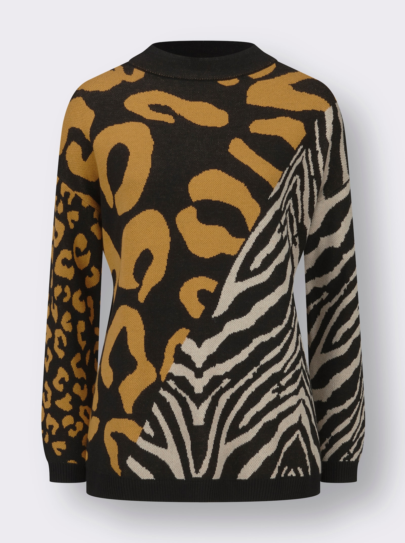  Jacquard-Pullover im Zebra-Leoparden-Dessin - schwarz-ocker-gemustert