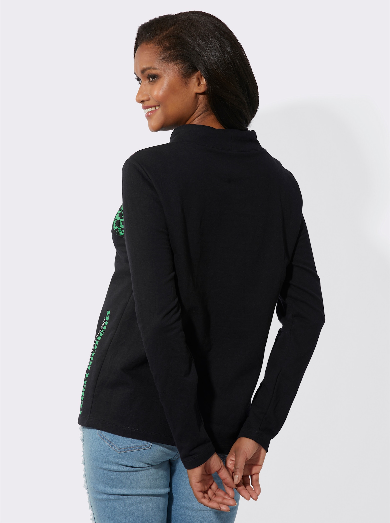 Sweatshirt mit halsfernem Stehkragen - grasgrün-schwarz-bedruckt