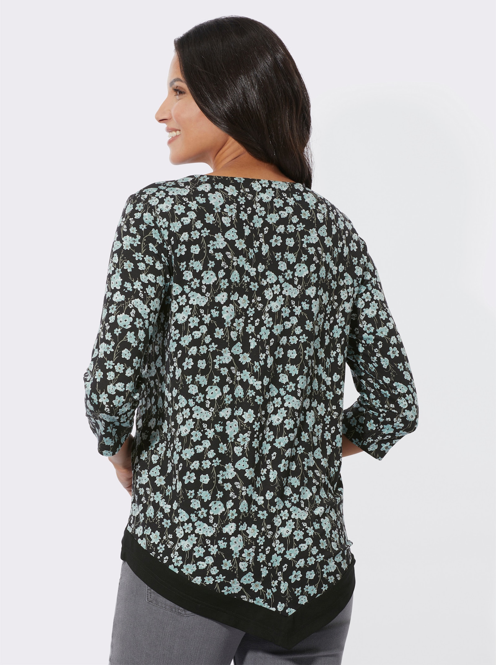 3/4-Arm-Shirt mit spitz zulaufendem Saum - schwarz-salbei-bedruckt