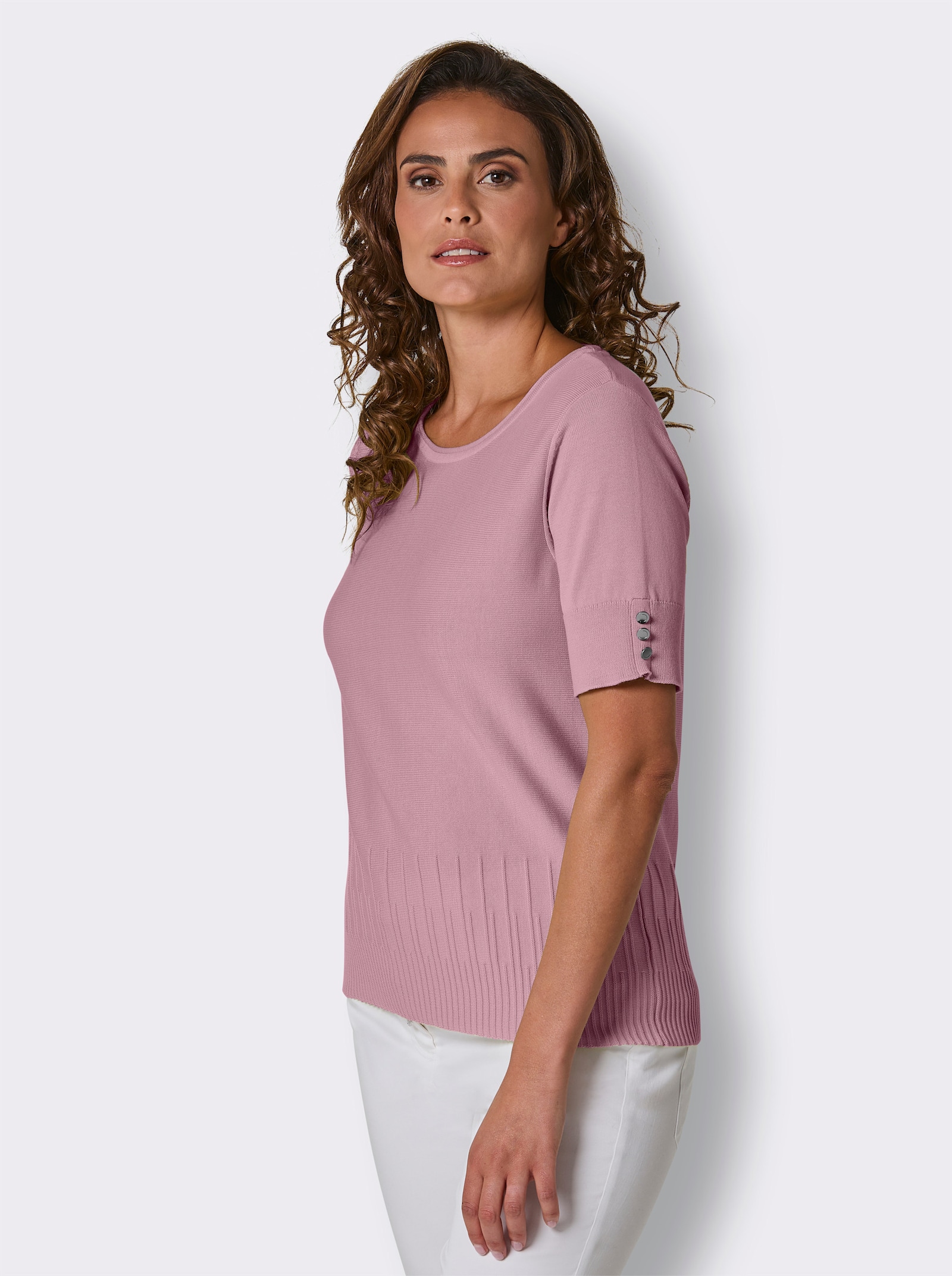 CREATION L PREMIUM Kurzarmpullover mit Zierknöpfen - rosé