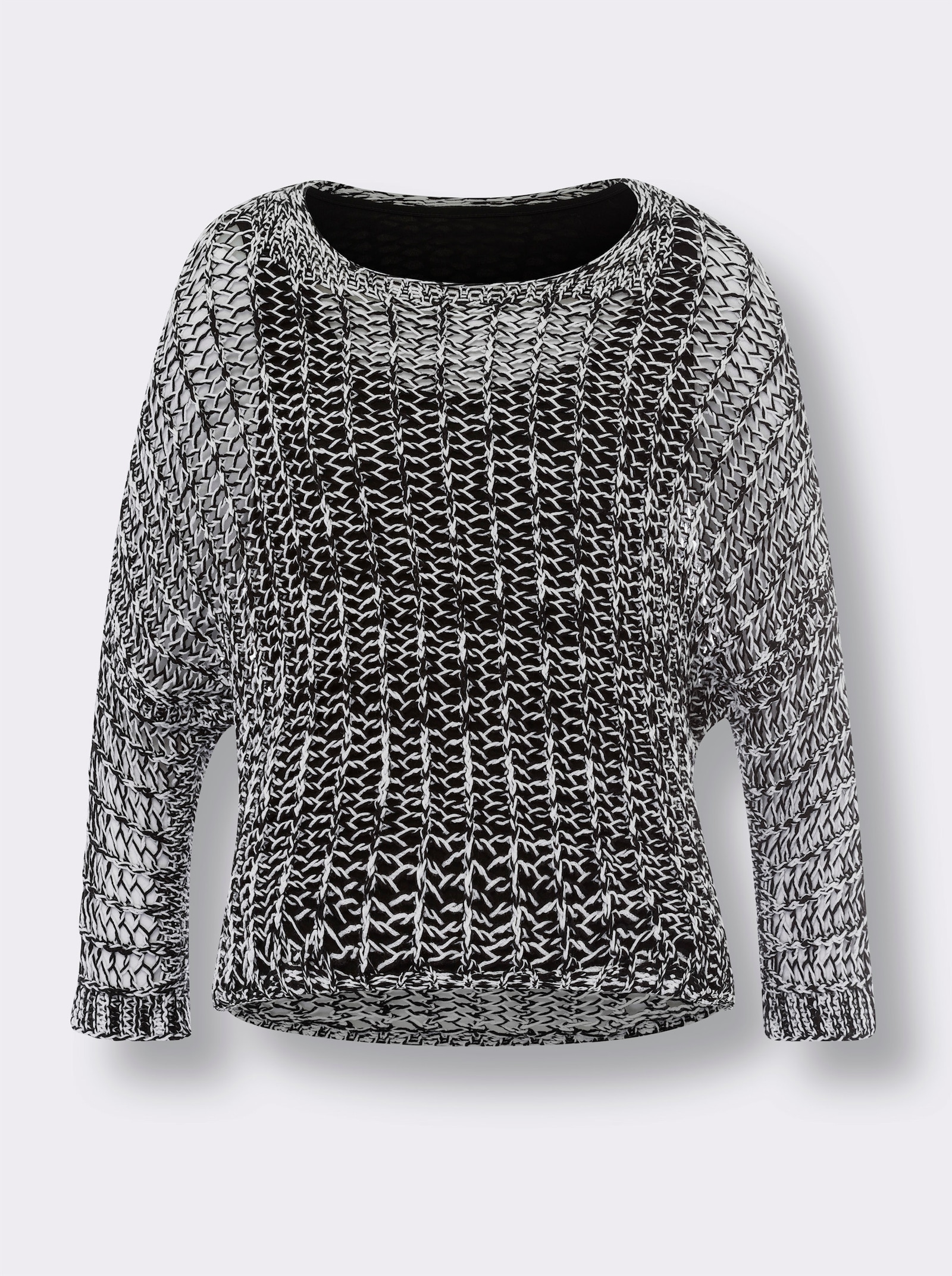 heine 2-in-1-Pullover im Ajour-Strick - schwarz-weiß-meliert