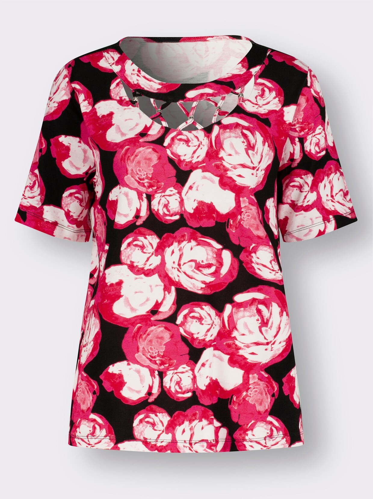 Shirt met ronde hals - zwart/pink geprint