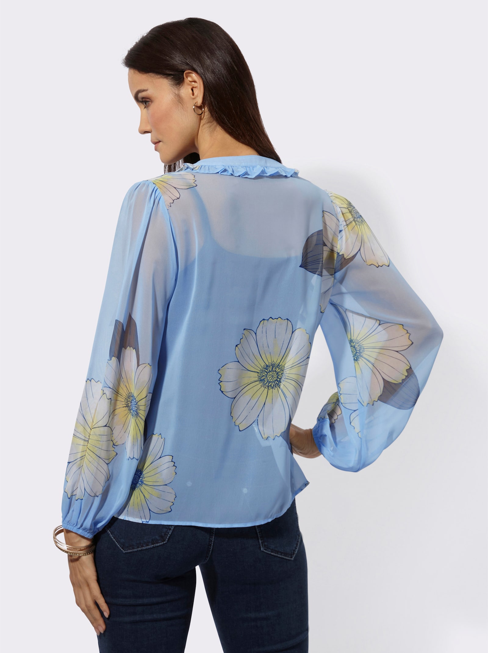 Druckbluse mit romantischen Rüschen - eisblau-ecru-bedruckt