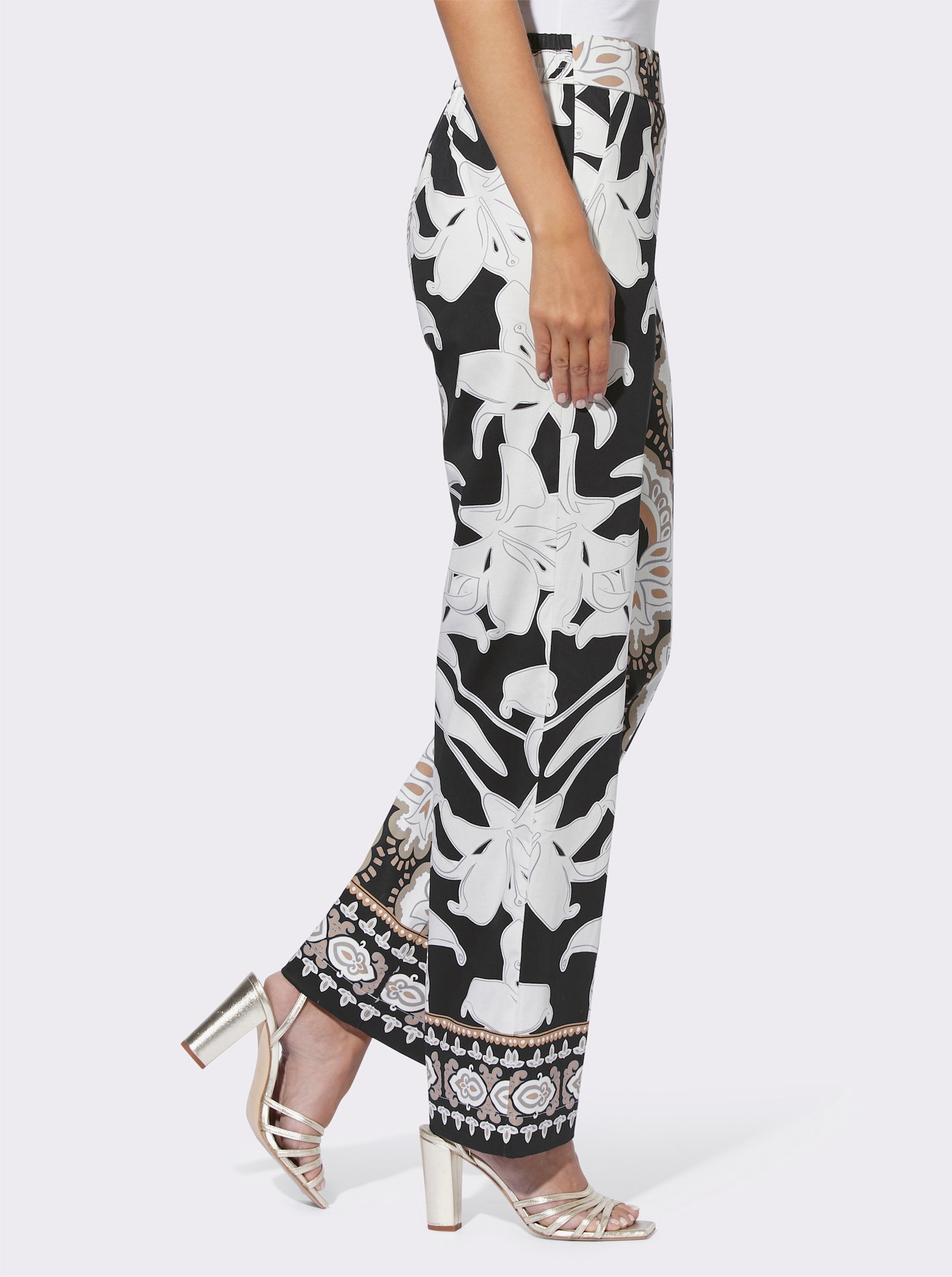 heine Druckhose mit Bordürendruck - schwarz-camel-bedruckt