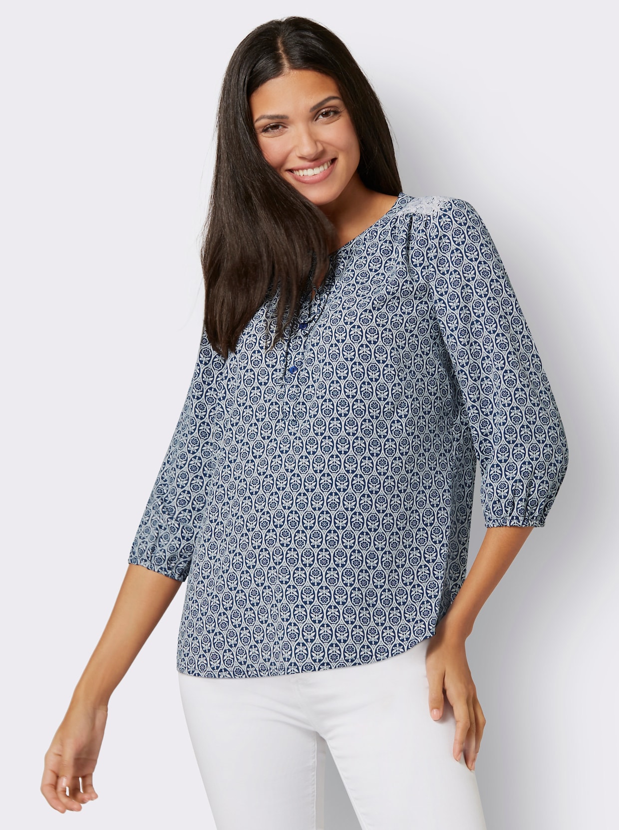 Comfortabele blouse - donkerblauw/ecru bedrukt