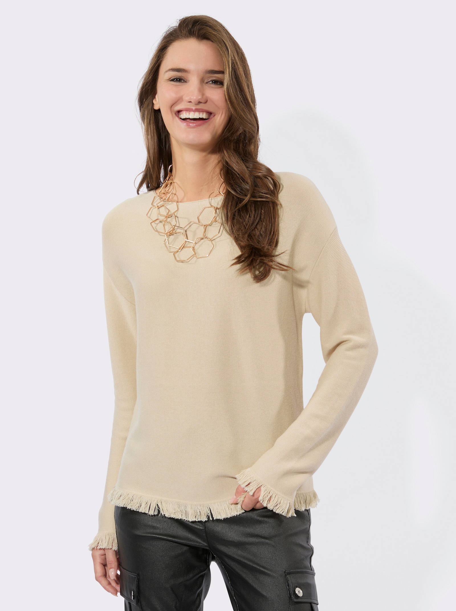 Langarm-Pullover mit Fransen-Abschlüssen - elfenbein