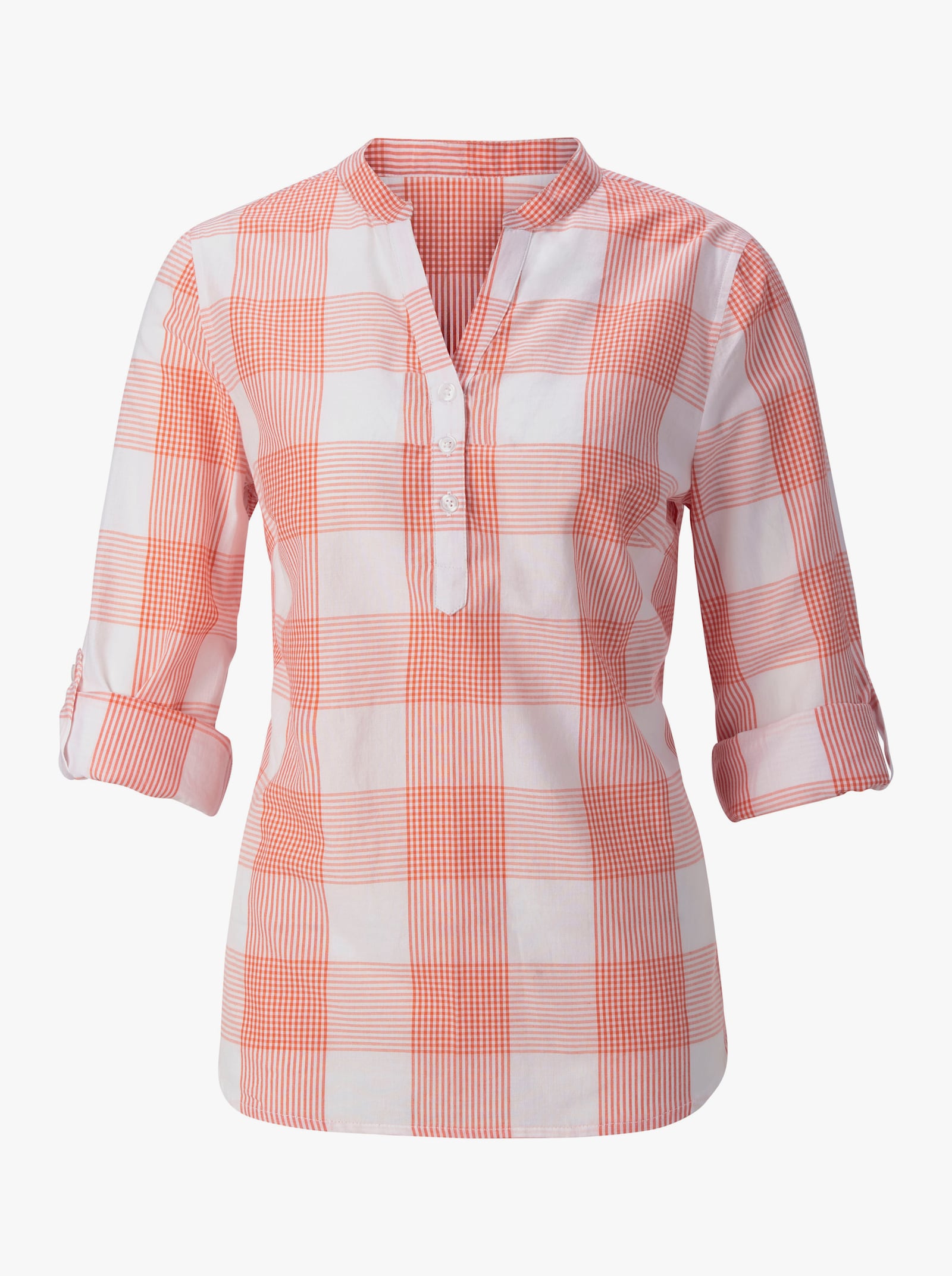 Bomullsblus med ståkrage, rutig - lax-vit, rutig
