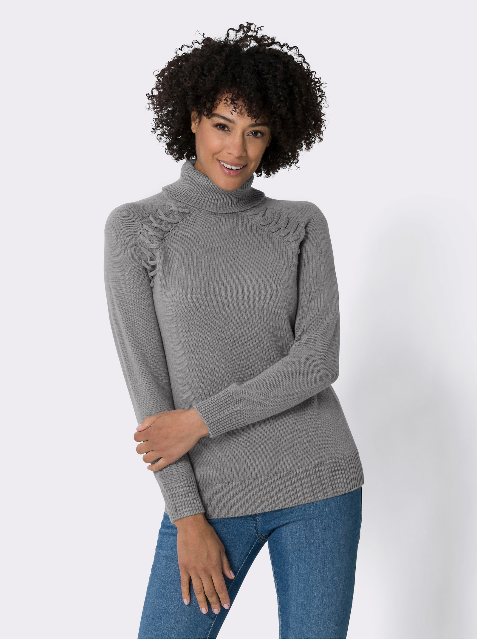 Rollkragenpullover mit Zierband-Detail - steingrau-meliert