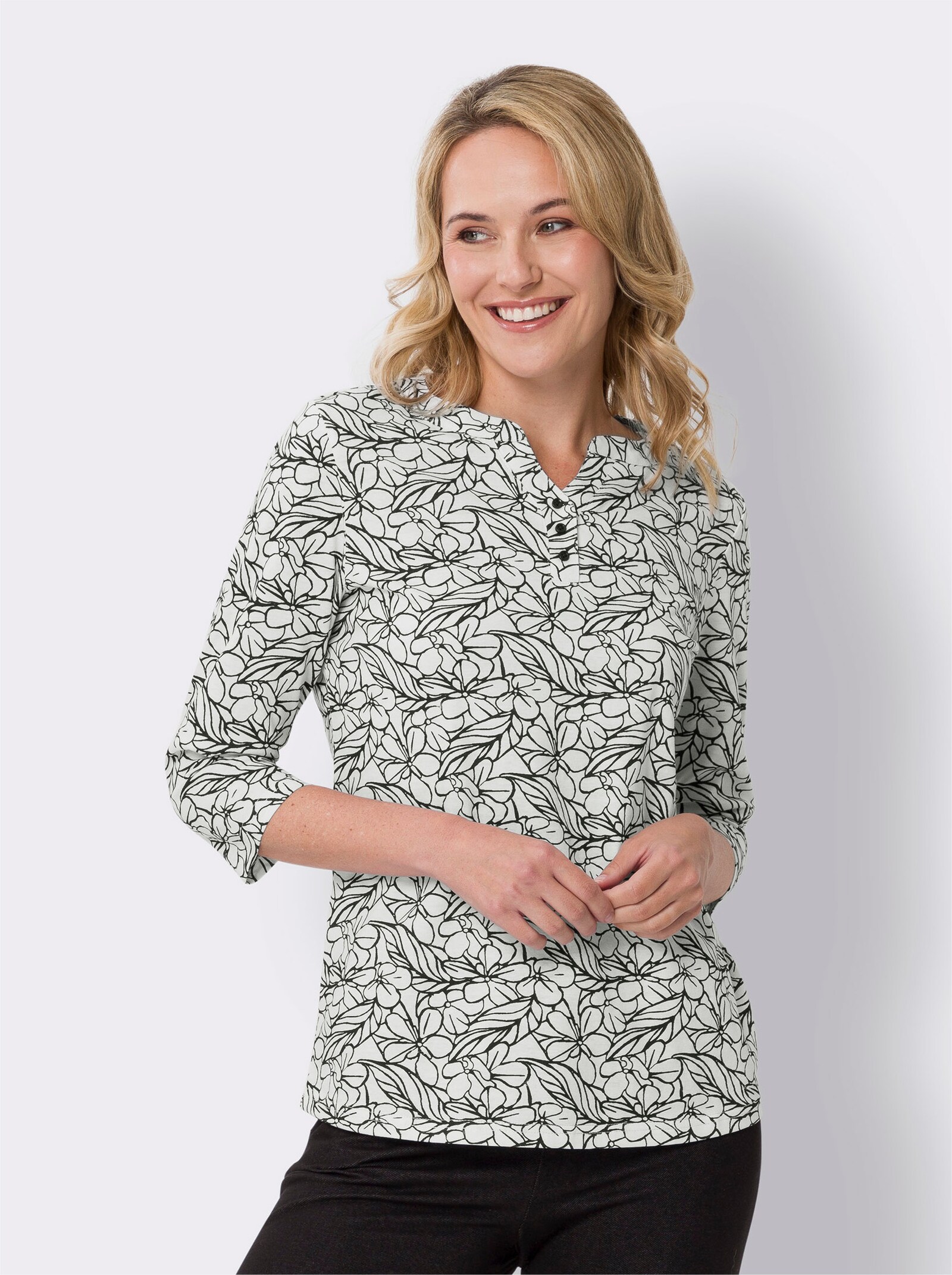 Tričko s 3/4 ruk. s kvet. vzorom - svetlobéžovo-čierna potlač