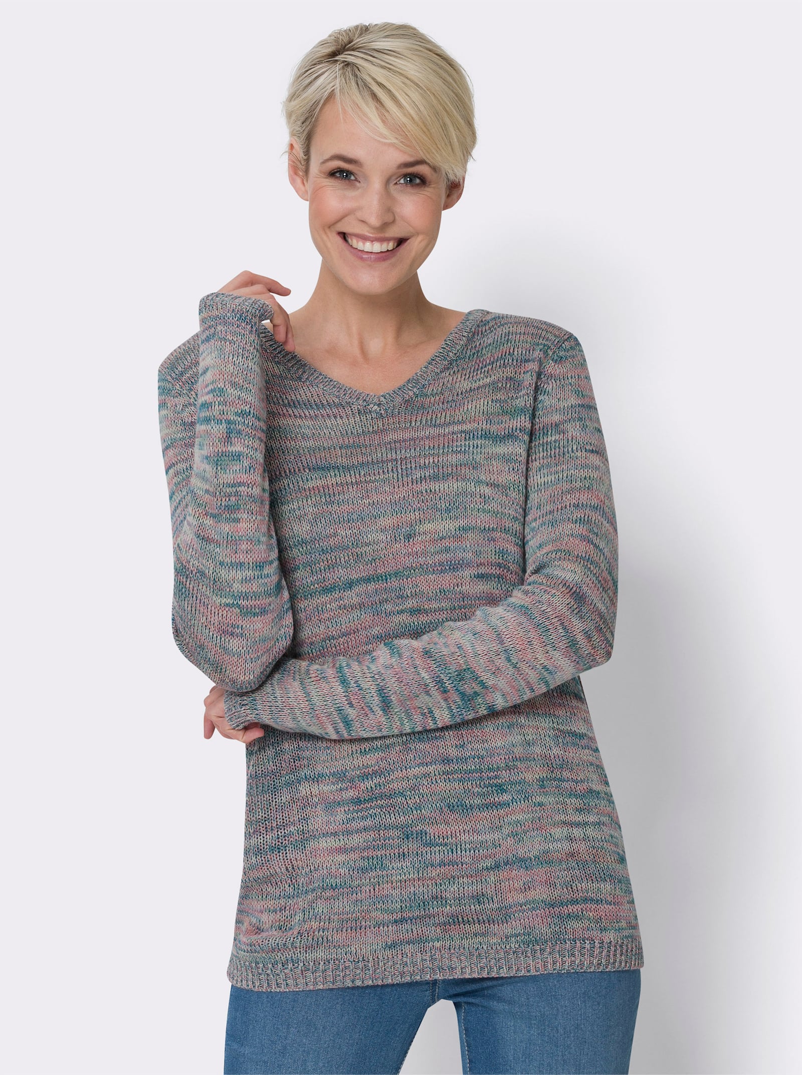 Langarm-Pullover aus Melange-Garn - mittelblau-flamingo-meliert
