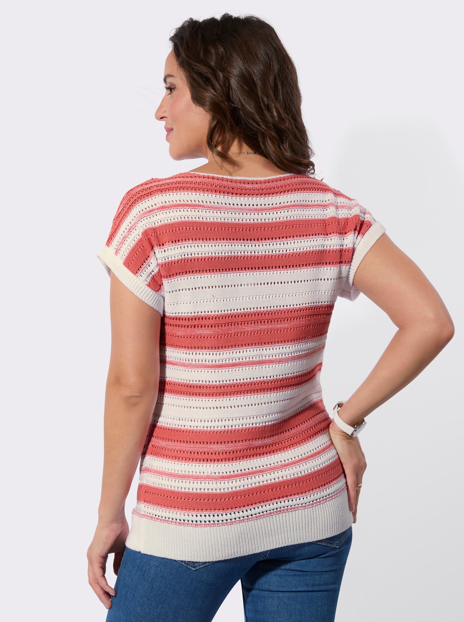 Ajourpullover mit meliertem Ringel-Muster - flamingo