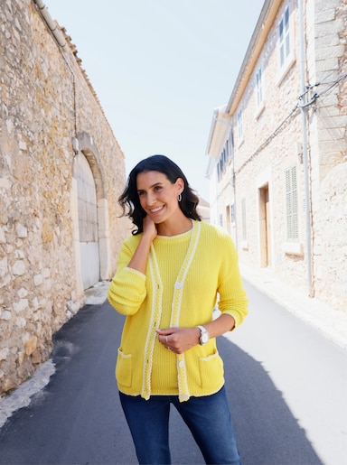 Kurzarmpullover mit Kontrast-Zierstichen - limone-ecru-gemustert