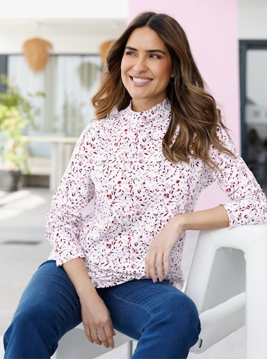  Stehkragenshirt in floralem Dessin - ecru-burgund-bedruckt