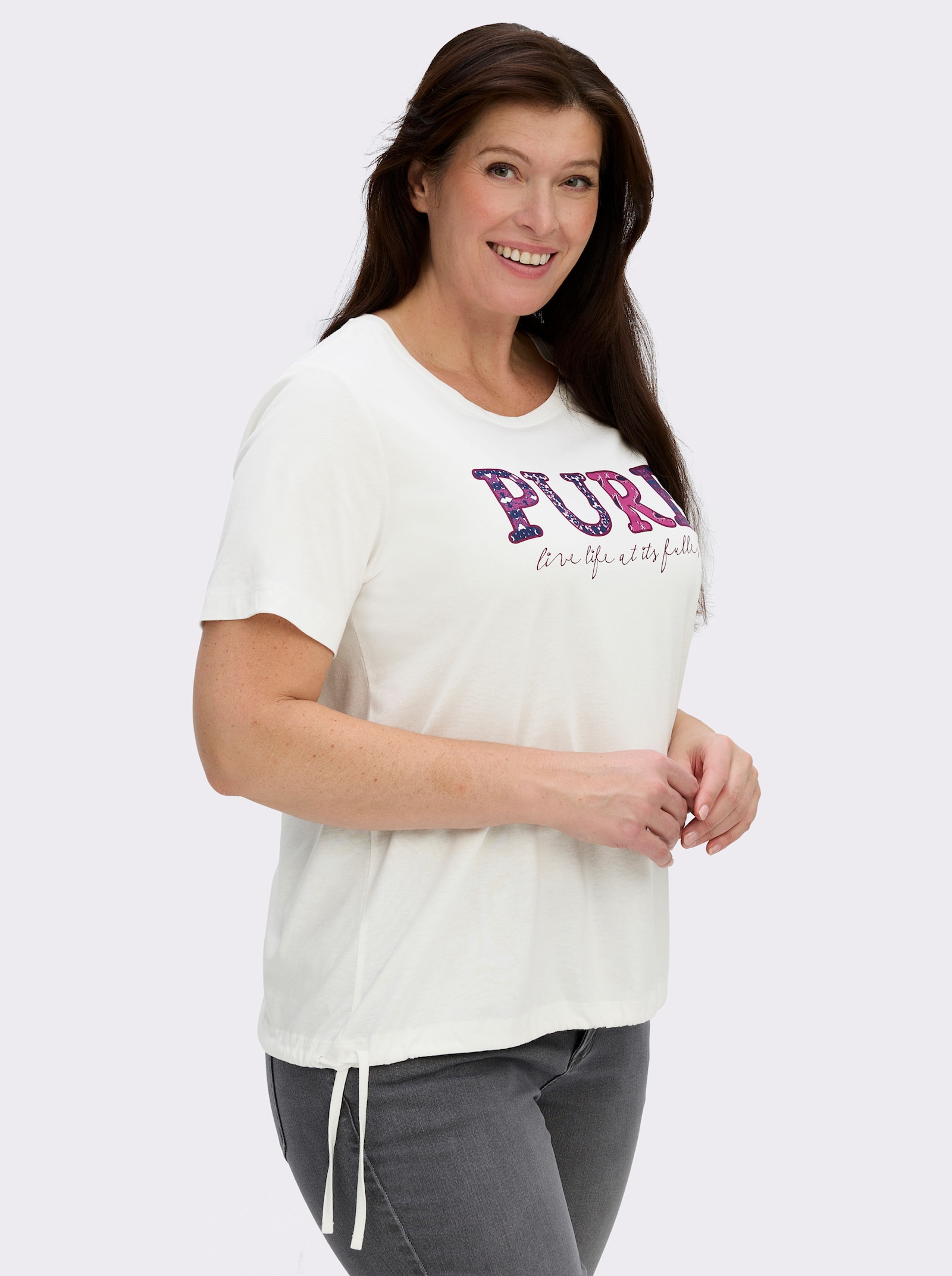 Kurzarmshirt mit Bindeband am Saum - ecru-bedruckt