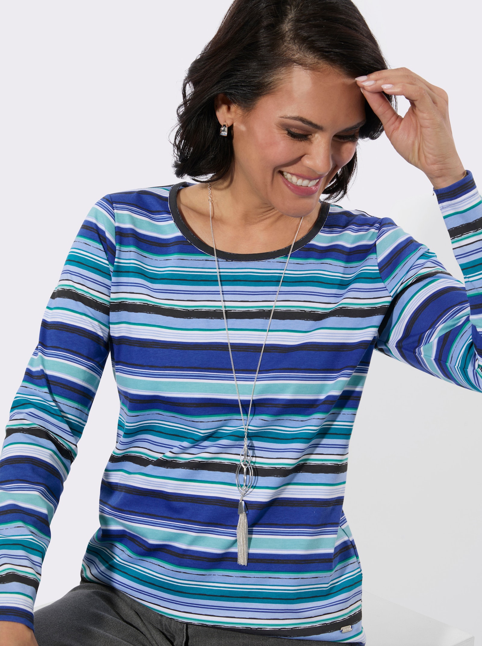 Rundhalsshirt mit Ringelmuster - himmelblau-weiß-geringelt