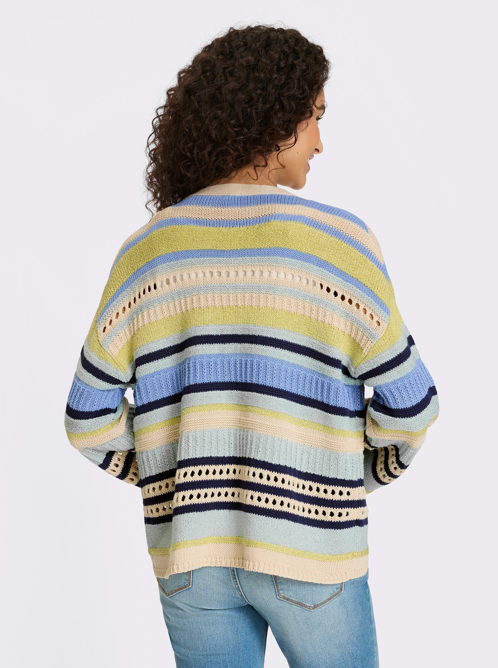 heine Strickjacke mit Ajourmuster - himmelblau-beige-gestreift