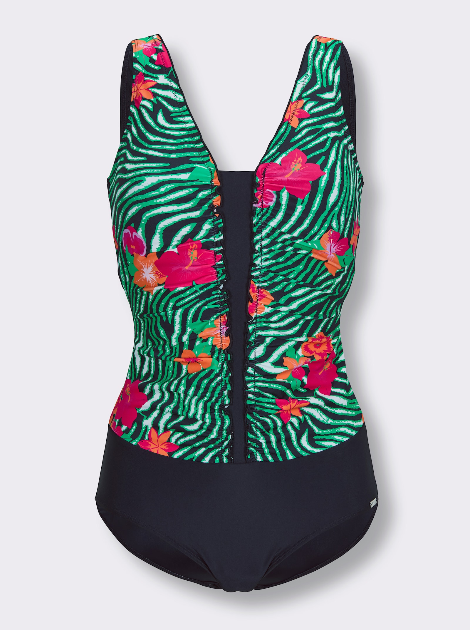 feel good Badeanzug mit Raffungen vorne - schwarz-apfel-bedruckt